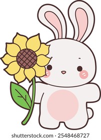 Cute Bunny stock illustration. Funny bunny for sticker elements. Bunny with sun flower