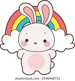 Cute Bunny stock illustration. Funny bunny for sticker elements. Bunny in front of rainbow