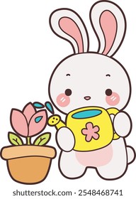 Cute Bunny stock illustration. Funny bunny for sticker elements. Bunny pouring the water into plants