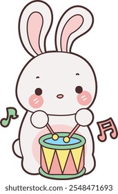 Bonito Bunny ilustração stock. Coelhinho engraçado para elementos adesivos. Bunny tocando um tambor