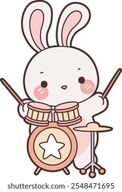 Cute Bunny stock illustration. Funny bunny for sticker elements. Bunny playing a drum in the band