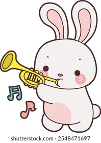 Cute Bunny stock illustration. Funny bunny for sticker elements. Bunny playing a trumpet