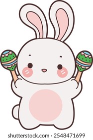 Cute Bunny stock illustration. Funny bunny for sticker elements. Bunny playing a maracas