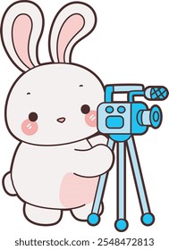 Cute Bunny stock illustration. Funny bunny for sticker elements. Bunny take camera with video