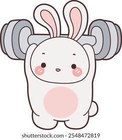 Cute Bunny stock illustration. Funny bunny for sticker elements. Bunny lifting a dumbbell