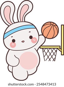 Cute Bunny stock illustration. Funny bunny for sticker elements. Bunny playing a basket ball