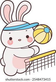 Bonito Bunny ilustração stock. Coelhinho engraçado para elementos adesivos. Coelho jogando uma bola de voleio