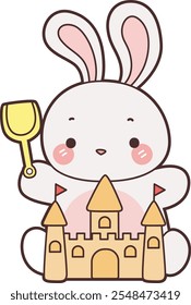 Cute Bunny stock illustration. Funny bunny for sticker elements. Bunny playing a sand castle