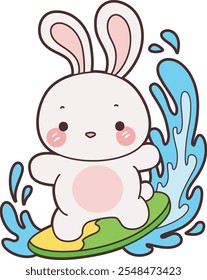 Cute Bunny stock illustration. Funny bunny for sticker elements. Bunny playing a surfing