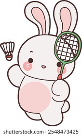 Cute Bunny stock illustration. Funny bunny for sticker elements. Bunny playing a badminton