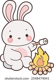 Cute Bunny stock illustration. Funny bunny for sticker elements. Bunny roasting a marshmallow in the fireplace