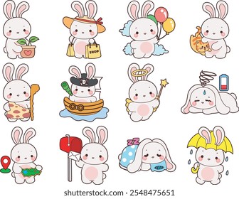 Cute Bunny stock illustration. Funny bunny for sticker elements. Random activities of cute bunny