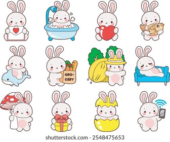 Cute Bunny stock illustration. Funny bunny for sticker elements. A variation daily life of bunny 