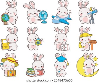 Cute Bunny stock illustration. Funny bunny for sticker elements. Daily life sticker with bunny character