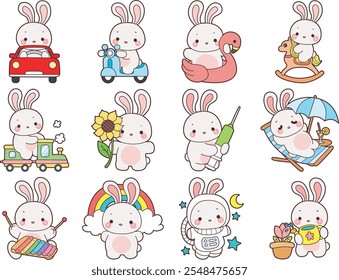 Cute Bunny stock illustration. Funny bunny for sticker elements. Bunny with transportation and variation life