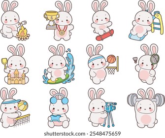 Cute Bunny stock illustration. Funny bunny for sticker elements. Bunny with sport and exercise elements