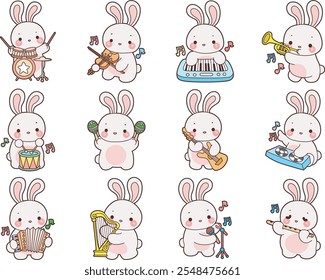 Cute Bunny stock illustration. Funny bunny for sticker elements. Variation of music and instrument with bunny theme