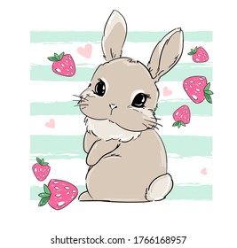 Cute Bunny with strawberry. Berry sweet. Print for children's textiles, poster design, nursery. Rabbit. Vector illustration stock.