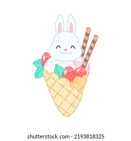 Cute bunny and a strawberry dessert. Flat cartoon illustration of a little white rabbit sitting on an waffle cone with ice cream decorated. Vector 10 EPS.