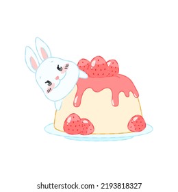 Cute Bunny And A Strawberry Dessert. Flat Cartoon Illustration Of A Little White Rabbit Sitting On A Panna Cotta With Jam. Vector 10 EPS.