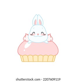 Cute bunny and a strawberry dessert. Flat cartoon illustration of a little white rabbit sitting on a mousse cake isolated on a white background. Vector 10 EPS.