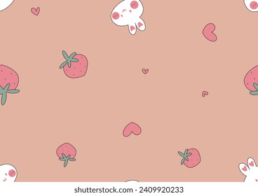 cute bunny and strawberry seamless pattern, sweet bunny orange background