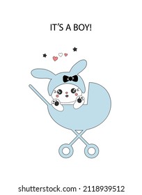 Cute bunny in stroller. Baby shower invitation card with the text it's a boy.  Rabbit in hat with bunny ears in carriage. Holiday Card, print, poster. Japanese anime, manga comics. 