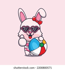 Cute bunny in sunglasses with beach ball cartoon illustration.
