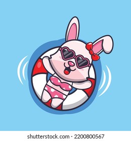 Cute Bunny In Sunglasses Float With Buoy Cartoon Illustration.