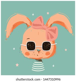 Cute Bunny with sunglasses. Hand drawn vector illustration