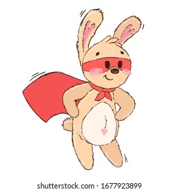 Cute bunny superhero isolated on white background. Animal character hero with mask and cloak. Cartoon vector illustration in hand drawn style. Design for children's books, print, poster, fabric.