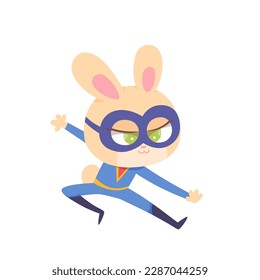Cute bunny superhero vector illustration. Cartoon isolated funny white baby rabbit with long ears and brave hero costume with mask and cape, happy strong animal winner with super power playing