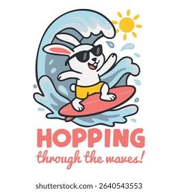 Cute bunny surfing a big wave on a red surfboard, wearing sunglasses and yellow shorts. Fun summer cartoon, perfect for kids, beach themes, kawaii animal art and surf designs