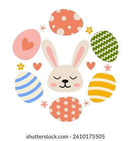 Cute bunny surrounded by colorful Easter eggs and flowers for festive celebration