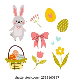 Cute bunny surrounded by Easter decorations including flowers, eggs, and a basket during spring celebration