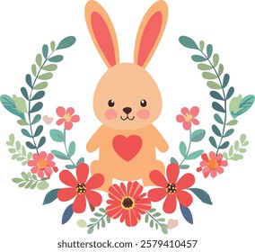 Cute bunny surrounded by flowers.

