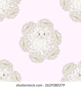 Cute bunny surrounded by flowers on pink background
