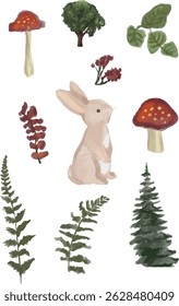 A cute bunny surrounded by mushrooms, trees, ferns, and woodland leaves. Hand-drawn in a soft, cozy style.