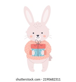 Cute bunny in sweater with present. Merry Christmas and Happy New Year. Year of the Rabbit. Hand drawn vector illustration