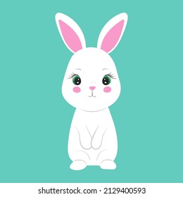 Cute bunny. Sweet white bunny isolated on blue background. Ideal for poster, greeting card, invitation, sticker, print.