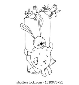Cute bunny swinging on a swing. Linear drawing for coloring. Card for congratulations, invitations. Vector illustration.