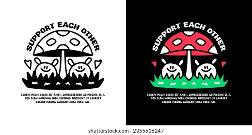 Cute bunny tak shelter under mushroom with support each other typography, illustration for logo, t-shirt, sticker, or apparel merchandise. With doodle, retro, groovy, and cartoon style.