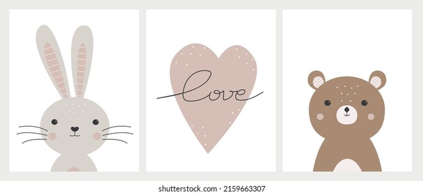 Hermoso lindo y estampado de oso de peluche. Ilustración vectorial de dibujos animados estilo escandinavo. Niños de arte mural.  Boho puso carteles en la guardería. Diseño textil, postales. Conejo, oso y corazón con la frase amor е