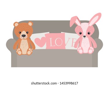 cute bunny and teddy bear in sofa