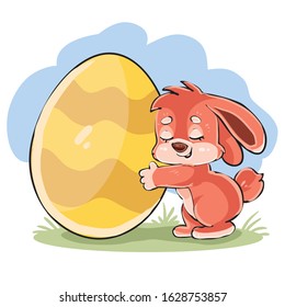 Cute Bunny Tenderly Hugs A Big Easter Egg, Vector Illustration