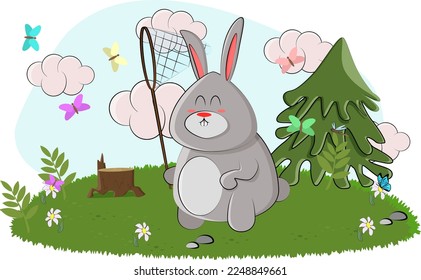 A cute bunny took a net and started catching beautiful butterflies