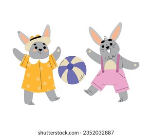 Cute Bunny Tourist Playing Ball Together Having Summer Resort Vacation Vector Illustration