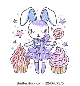 Cute bunny toy with cupcakes. Vector hand drawn illustration 