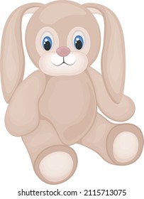 Cute bunny toy. A smiling stuffed rabbit is sitting on the floor. A stuffed rabbit. Vector illustration isolated on a white background