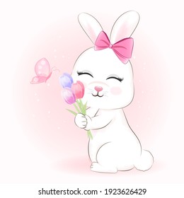 Cute Bunny and tulip flowers with butterfly cartoon animal illustration